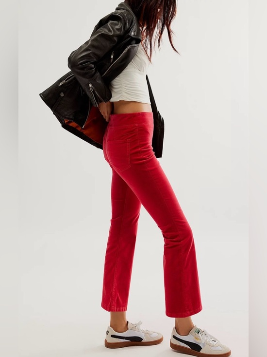Free People Pants - FREE PEOPLE In My Feelings Velvet Crop Slim Flare Pants Red M NWOT Retro Boho
